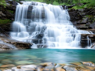 Fototapeta premium Serene waterfall cascading into a clear pool, surrounded by lush greenery, creating a tranquil natural oasis.