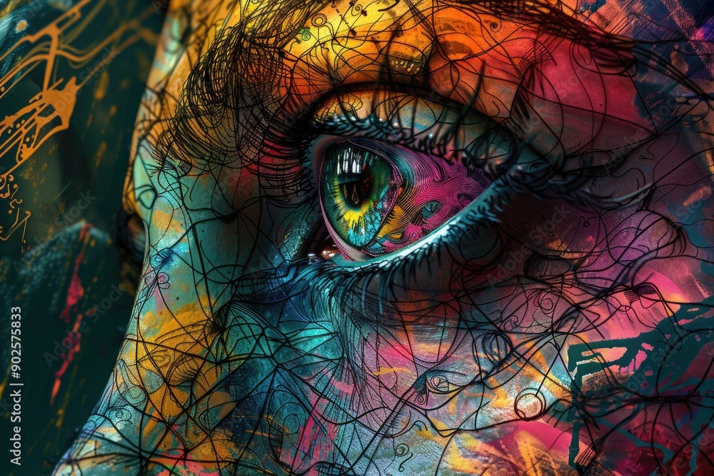 Poster a close-up shot of a person's face featuring a painting on their cheek, suitable for use in artistic
