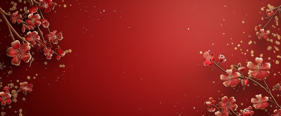 Red background, illustration, gold line drawing style with small flowers on the left and right sides of the picture.