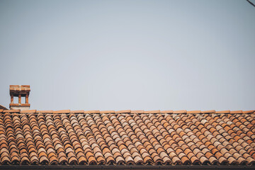 old tile roof with a chimney. countryside landscape of old brown roofs and green fields
