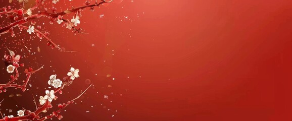 Red background, illustration, gold line drawing style with small flowers on the left and right sides of the picture.