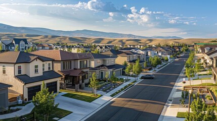 Panoramic view of neighborhood with smart homes