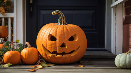 Obraz premium Front Door with Halloween Decorations and Pumpkins. AI generated