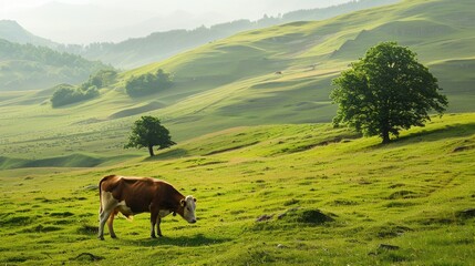 Beautiful landscape view of Alone green tree with grass natural meadow field and little hill with white clouds and blue sky in summer seasonal.