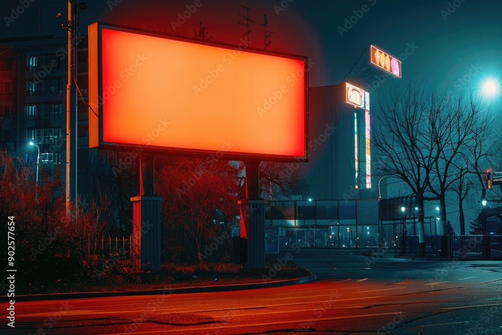 Poster nighttime cityscape with an illuminated billboard on an empty street
