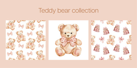 Vector teddy bear illustration collection. Set of seamless pattern design for a baby show, girly birthday party. Watercolour cute illustration.