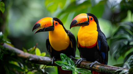 Obraz premium Two vibrant tropical birds perch on a branch surrounded by rich green jungle plants
