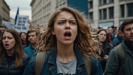 Passionate Protester Voices Concerns During Peaceful Demonstration in Urban Setting on Cloudy Day