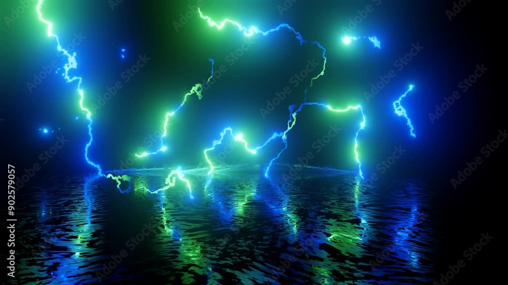 Poster neon design form blue green pattern of lighting. 4k video with various neon elements and a reflectin