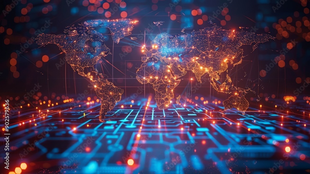 Poster a digital world map with glowing lines representing global communication channels