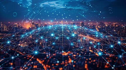 Obraz premium A digital network spreading across the globe, connecting major cities and landmarks