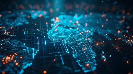 Obraz premium A digital world map with lines connecting various locations, representing digital communication