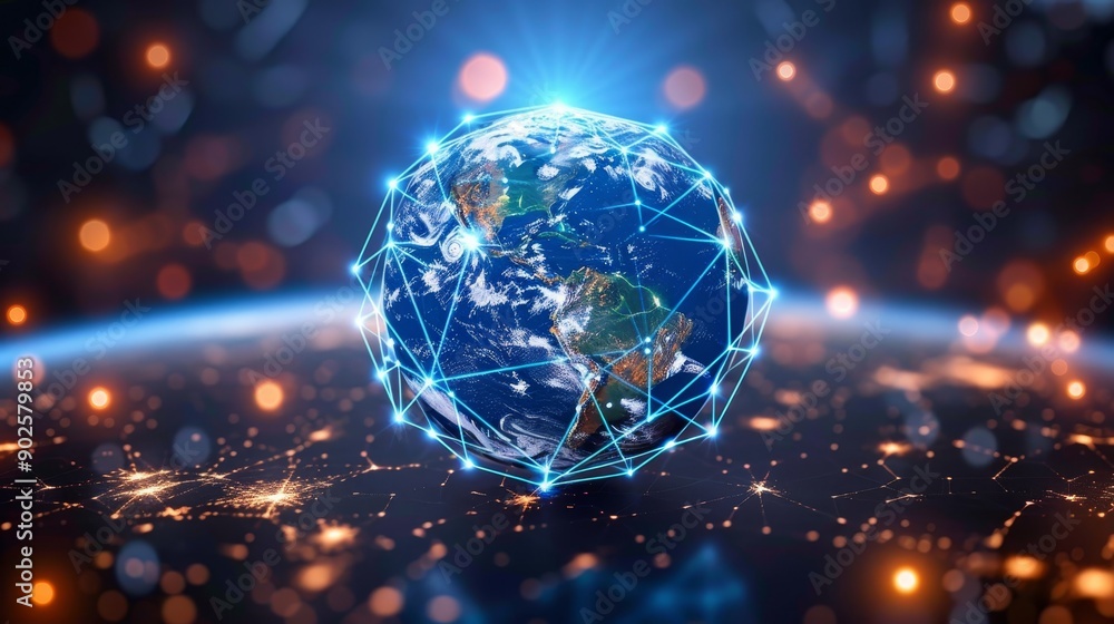 Poster a globe surrounded by interconnected lines representing global communication routes