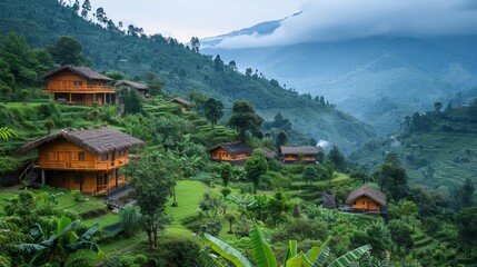 A landscape view of a sustainable eco-lodge nestled in a lush valley, blending harmoniously with nature