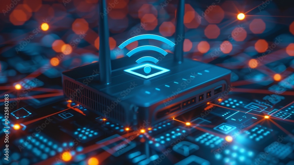 Poster a network router emitting strong wi-fi signals, with devices connecting wirelessly