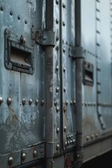 A close-up view of the rivets on a train car, highlighting their textured and detailed appearance