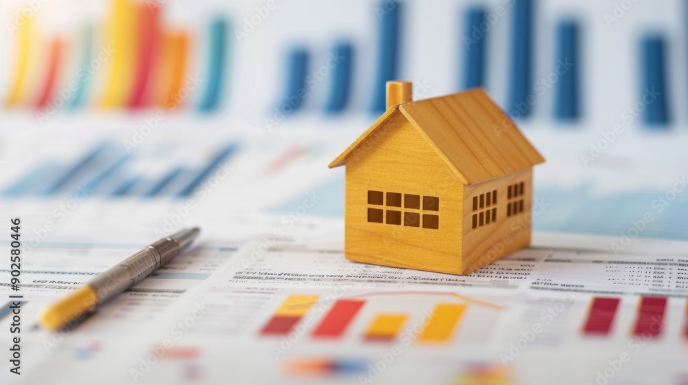 Poster financial property market analysis report with data charts and graphs displayed on desk in an office