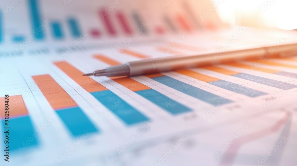 Aufkleber detailed market analysis session with various charts graphs and data on a cluttered office desk