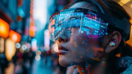 A person wearing AR glasses, with digital information overlaid on their surroundings