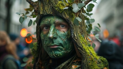 protester dressed as a tree, symbolizing environmental conservation