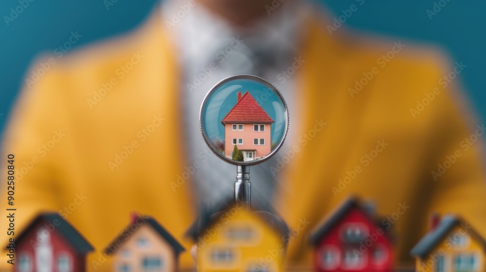 Poster photograph showcasing a real estate agent or investment advisor presenting and explaining various pr
