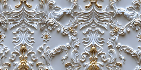 Seamless 3D elements of White and Golden luxury design Baroque Classical Relief Panel on Wall. Refined Gothic-inspired Stucco Molding With Floral Motifs. A Marble Carving in Late Ottoman Style.