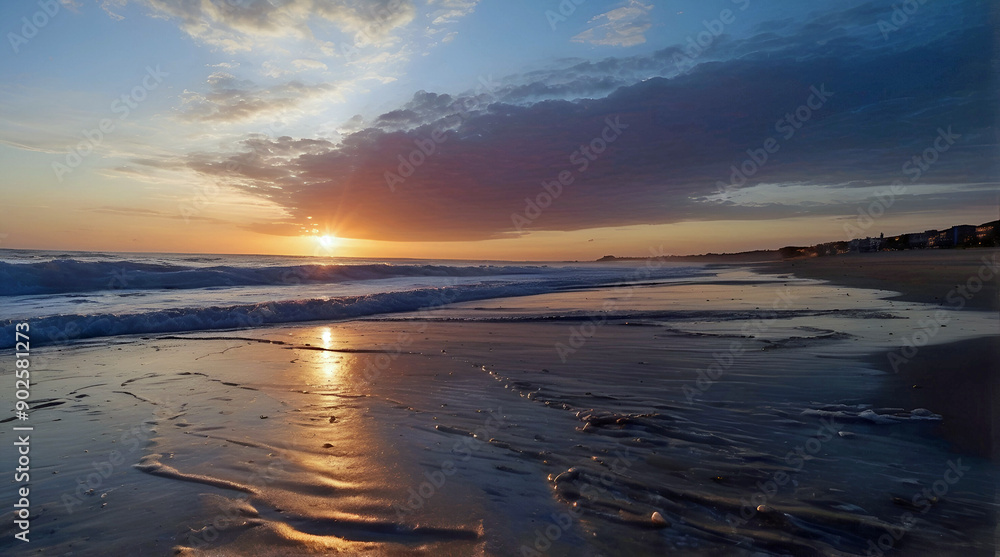 Wall mural golden hour sunset over calm sea beach background