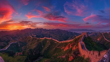 Big Great Wall of China at sunset,panoramic view