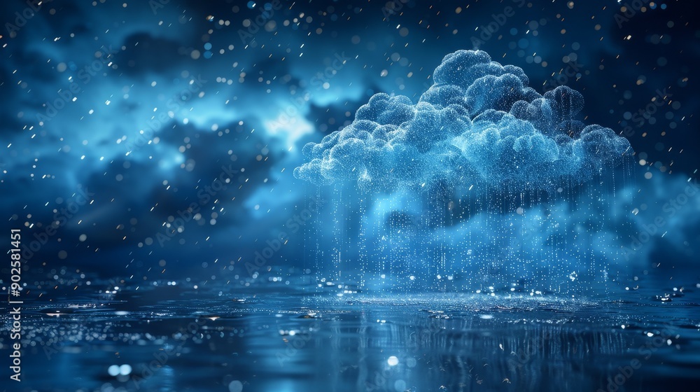 Poster a visual metaphor of cloud services as clouds raining data onto devices, symbolizing data access