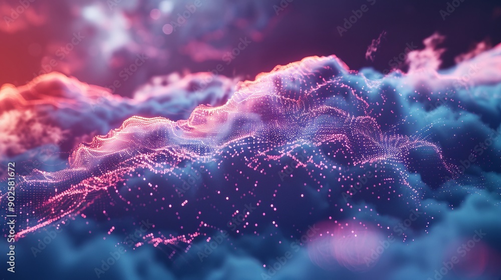 Poster an abstract representation of cloud services, with clouds intertwined with digital data streams