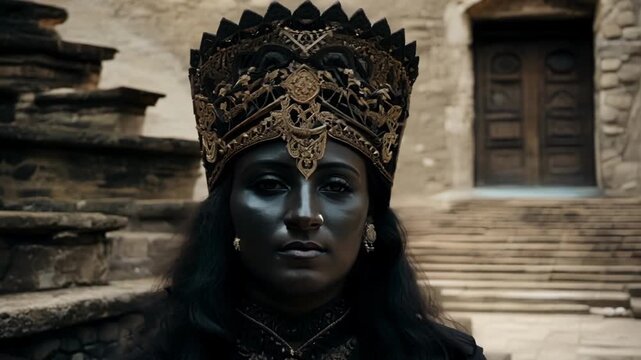 A person of unknown gender is posed against the backdrop of a crumbled stone staircase their face obscured by a masklike headdress. The intricate details of the headdress contrast