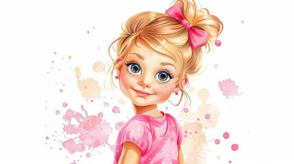 Fototapeta premium Adorable watercolor of a playful child in soft pink, exuding the joy and whimsy of childhood in bright, vibrant strokes.