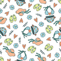Obraz premium Summer seamless pattern with swimsuit, flip flops, flower, branch and heart.