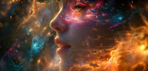 Fototapeta premium A Cosmic Portrait Of A Woman Surrounded By Vibrant Colors And Ethereal Light In A Dreamlike Landscape
