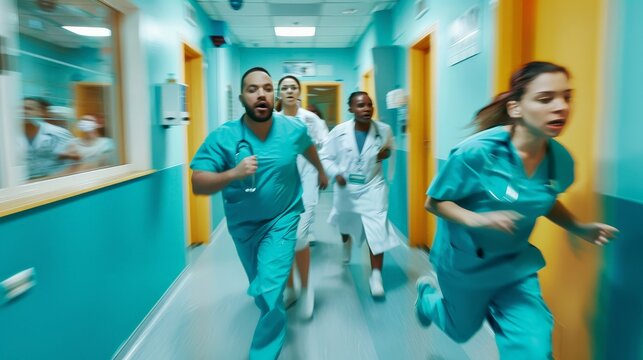A diverse medical team rushing through a hospital during an emergency