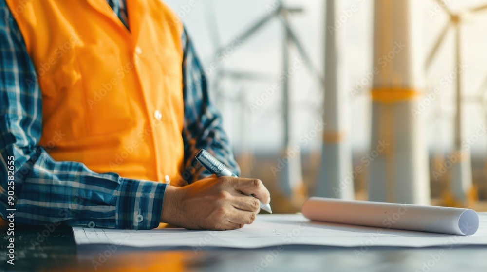 Aufkleber engineers discussing wind turbine designs with blueprints spread on a table in a professional workpl