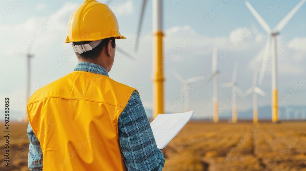 Poster professional engineer inspecting and measuring wind turbine components using precision tools against