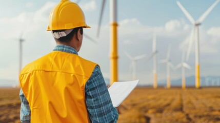 Professional engineer inspecting and measuring wind turbine components using precision tools against a serene countryside landscape with deep depth of field