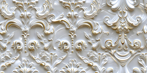 Seamless 3D elements of White and Golden luxury design Baroque Classical Relief Panel on Wall. Refined Gothic-inspired Stucco Molding With Floral Motifs. A Marble Carving in Late Ottoman Style.