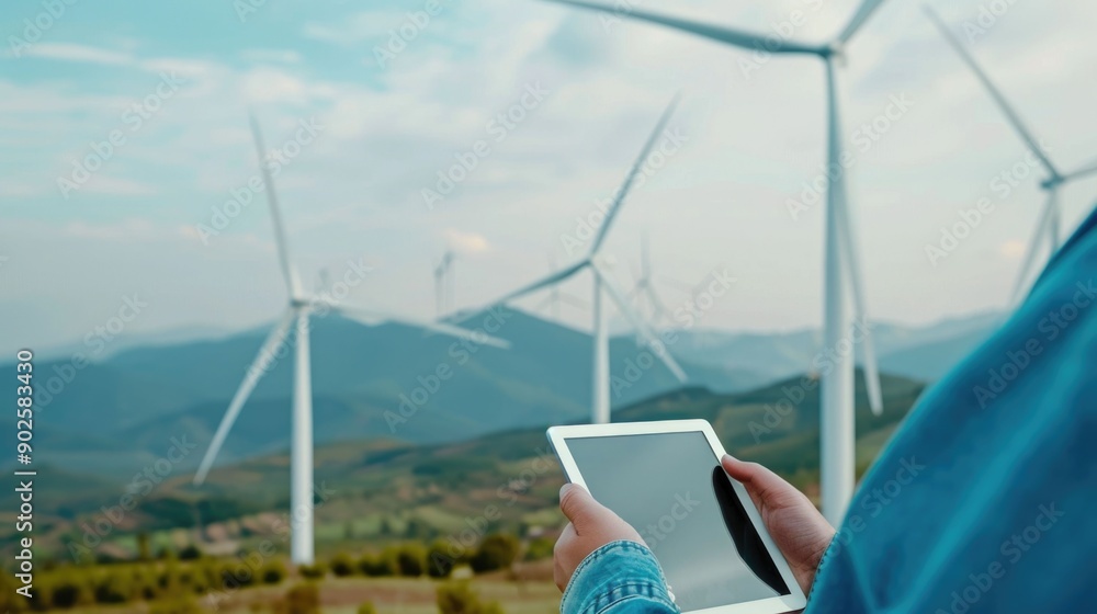 Poster portrait of an engineering team using a tablet to review wind turbine specifications in a scenic mou