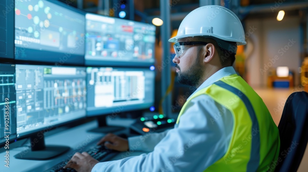 Aufkleber portrait of an engineer wearing safety gear and using a computer to simulate and analyze the wind fl