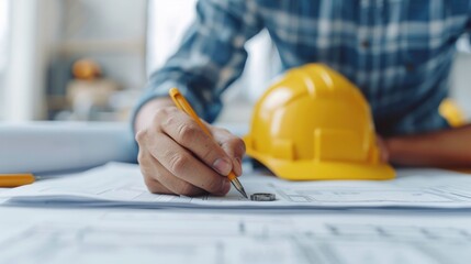 Close up shot of an engineer intently examining detailed technical drawings of wind turbine gear mechanisms on a drafting table in a workshop or factory setting