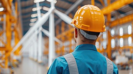 Engineers in a workshop assembling parts of a wind turbine model with a deep depth of field