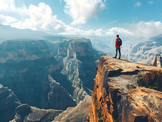 Awestruck Adventurer Gazing at Breathtaking Natural Wonder from Cliff Edge Viewpoint