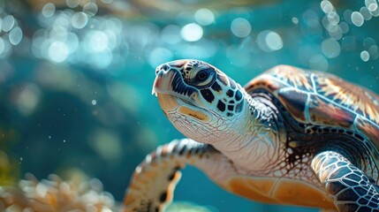 Fototapeta premium Close-Up of Sea Turtle with Clean Ocean Background, Detailed and Vibrant, Marine Life Preservation