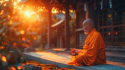 Buddhist Monk at Sunset