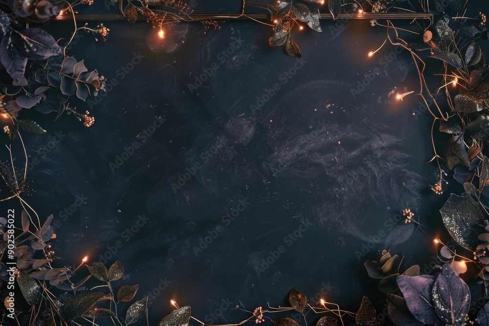 Poster a dark blue background with leaves and lights, perfect for creating a mood or atmosphere