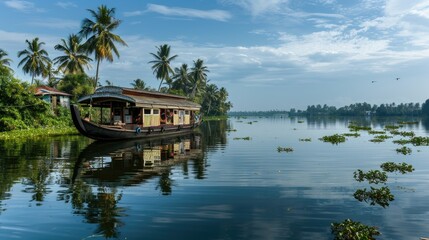 kerala backwaters view with boat, landscape