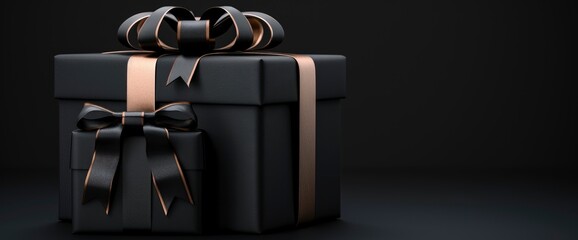 3D Black Gift Boxes With Black Ribbons On A Black Background, Exuding Sophistication