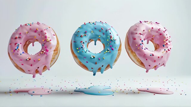 Three colorful doughnuts with icing and sprinkles appear suspended in mid-air, with icing dripping down to puddles below, against a white background, video 4k